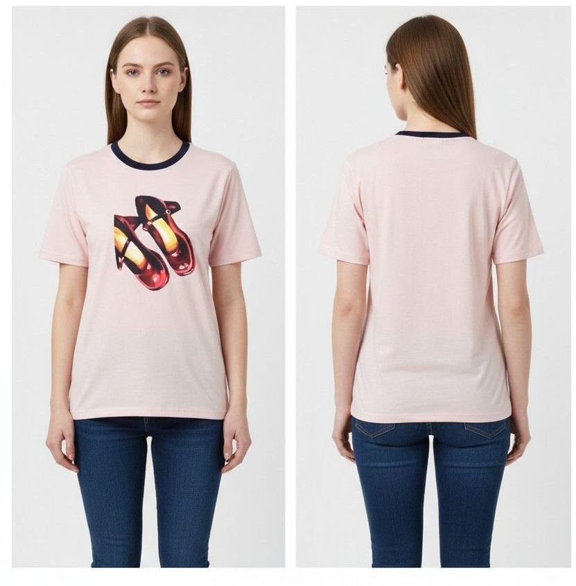 Ladies Light Pink Round Neck Printed Cotton T-Shirt