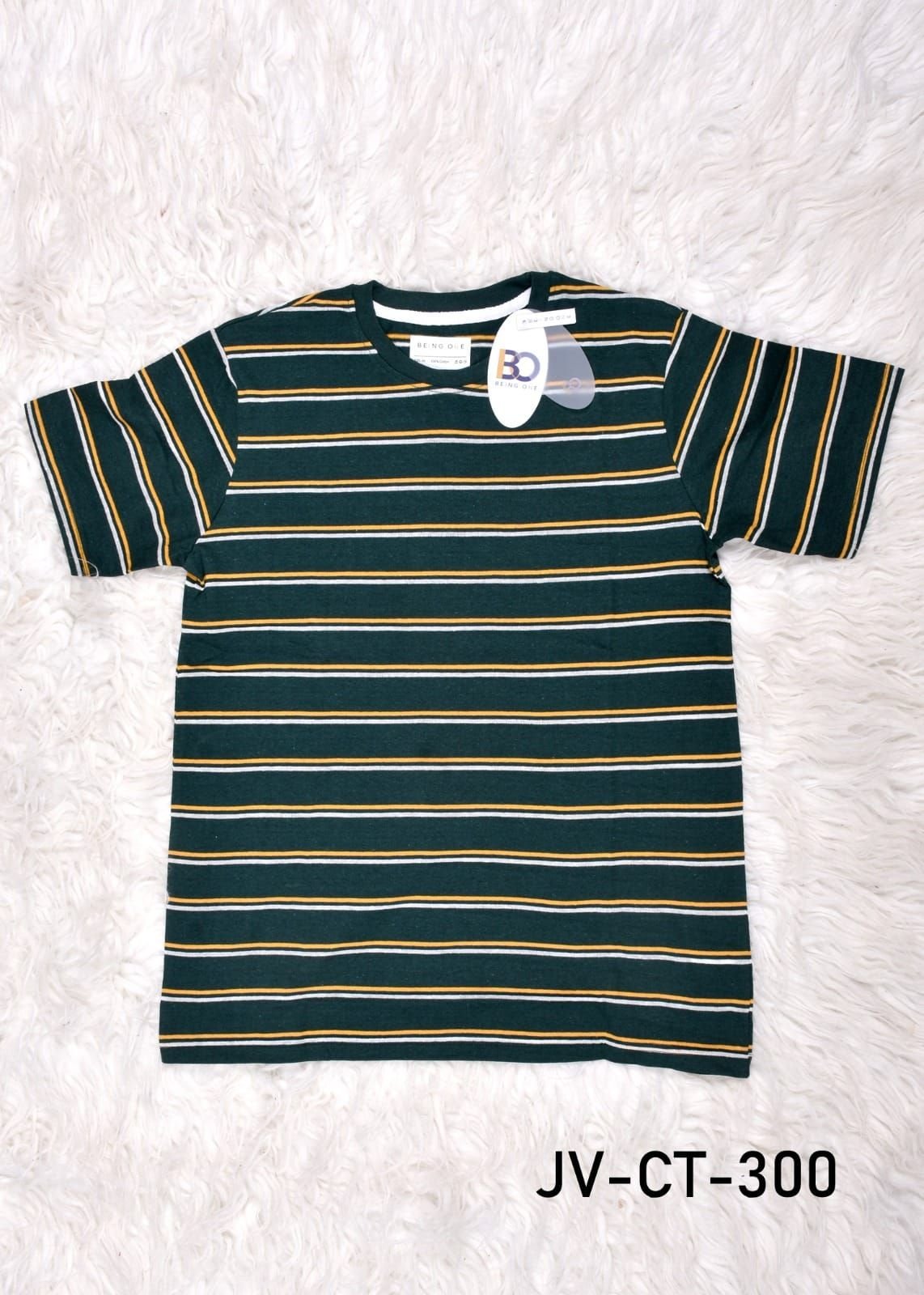 Mens Round Neck Green and White Striped Cotton T-Shirt