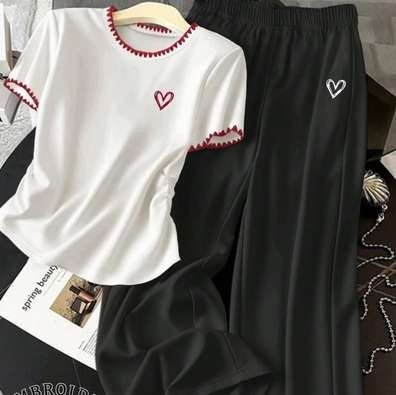 Heart Embroidered Two Piece Lounge Set