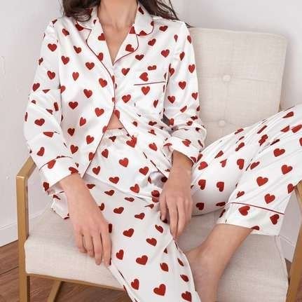 Heart Printed Satin Lapel Collar Pajama Set