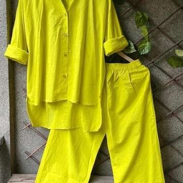 Lime Green Solid Cotton High Low Co-ord Set
