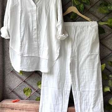 Women White Mulmul Cotton Co-ord Set