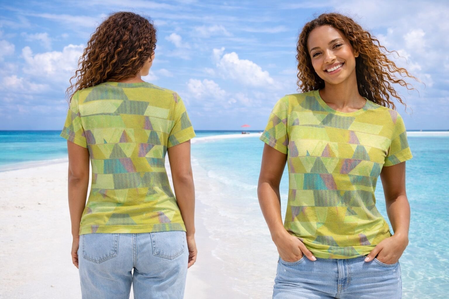Womens Olive Green Chartreuse Geometric Triangle Texture Cotton T-Shirt
