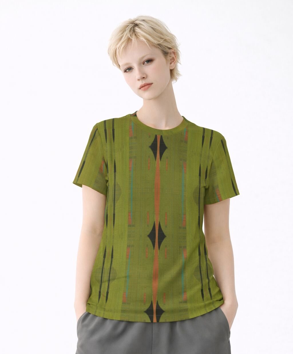 Womens Olive Green Geometric Cotton T-Shirt