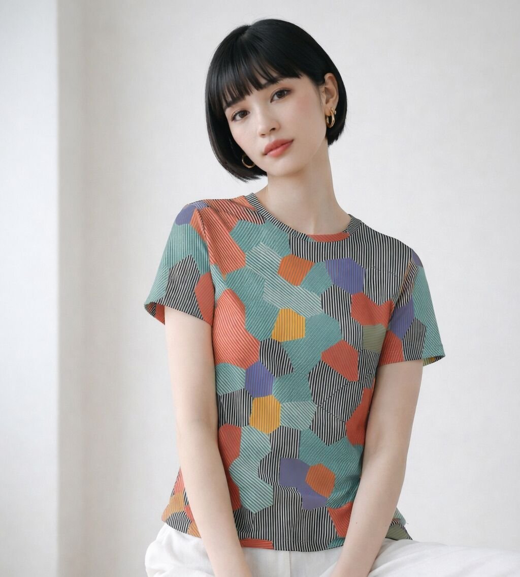 Womens Orange Teal Geometric Striped Pattern Cotton T-Shirt