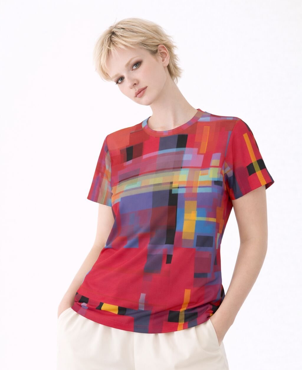 Womens Red Blue Geometric Print Cotton T-Shirt