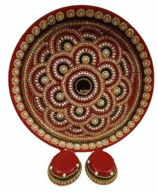Multicolor Stainless Steel Puja Thali with Handcrafted Design