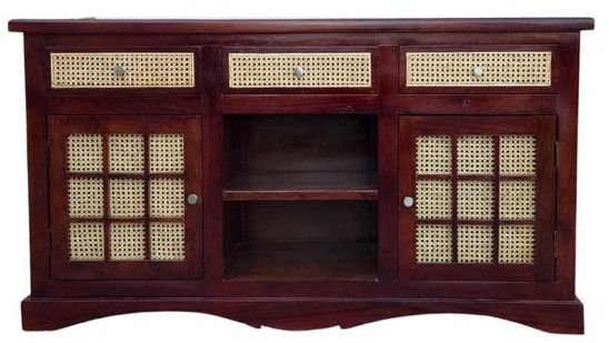 Brown Acacia Wood Cane Sideboard Cabinet