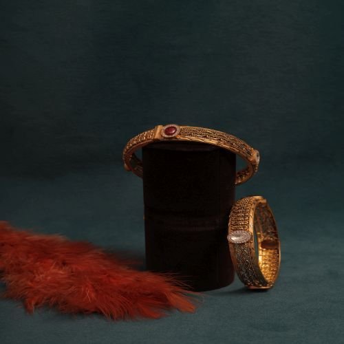 Engraved Stone Accent Traditional Kada Bangles