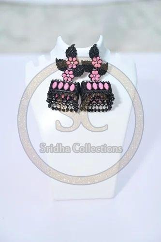 Black and Pink American Diamond Jhumka Earrings