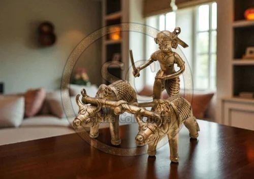 Brass Dokra Art Farmer with Bullock Cart