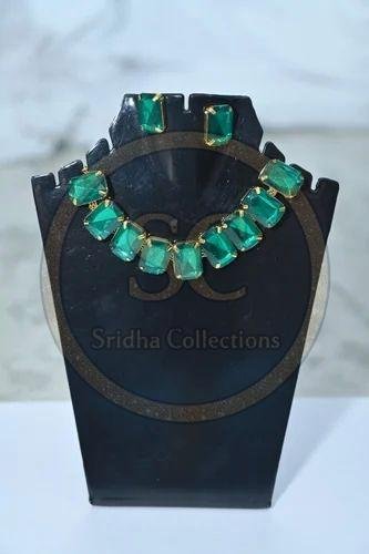 Green Emerald American Diamond Necklace Set