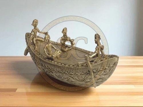 Handcrafted Dokra Brass Boat With Tribal Figures