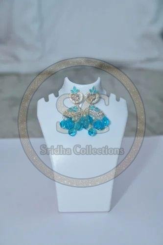 Party Wear Ocean Blue American Diamond Jhumka Earrings