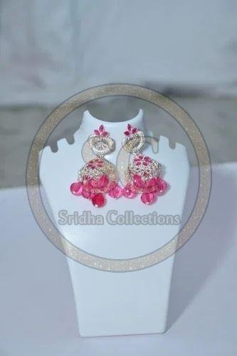 Pink Designer American Diamond Jhumka Earrings