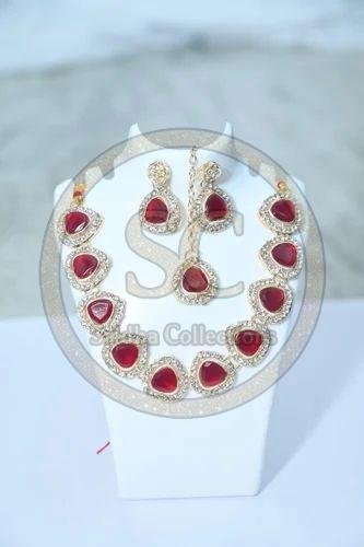 Red and Silver American Diamond Necklace Set