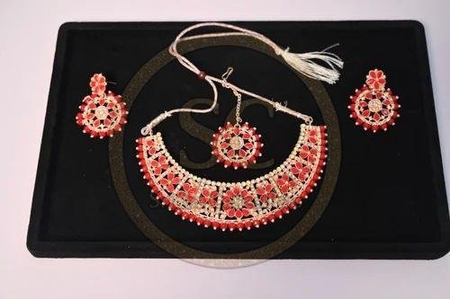 Red Traditional American Diamond Necklace Set