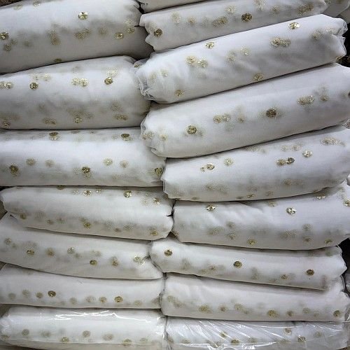Silver White and Golden Buti Heavy Net Fabric