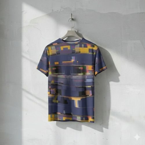 Mens Navy Blue Gold Pixelated Stripe Cotton T-Shirt