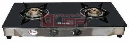 Quba 2 Burner Black Glass Top Gas Stove with Brass Burners