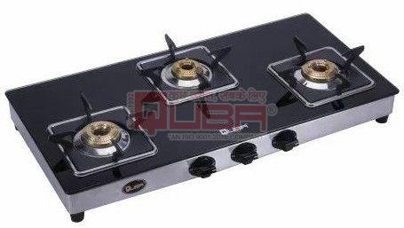 Quba 3 Burner Black Glass Top Square Pan Support Gas Stove