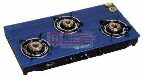 Quba 3 Burner Blue Line Glass Top Gas Stove with Brass Burners