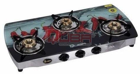 Quba 3 Burner Chilli Printed Glass Top Gas Stove