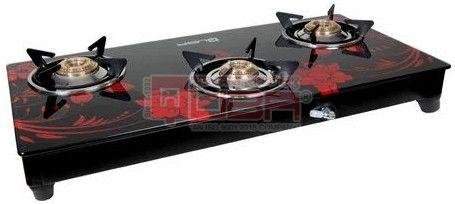 Quba 3 Burner Designer Black Glass Top Gas Stove