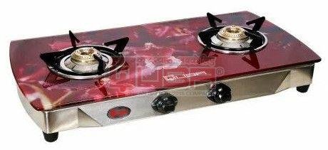 Quba S2 2 Burner Red Toughened Glass Top Manual Gas Stove