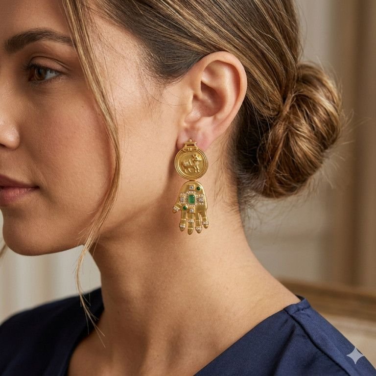 Antique Golden Coin Hand Charm Designer Earrings
