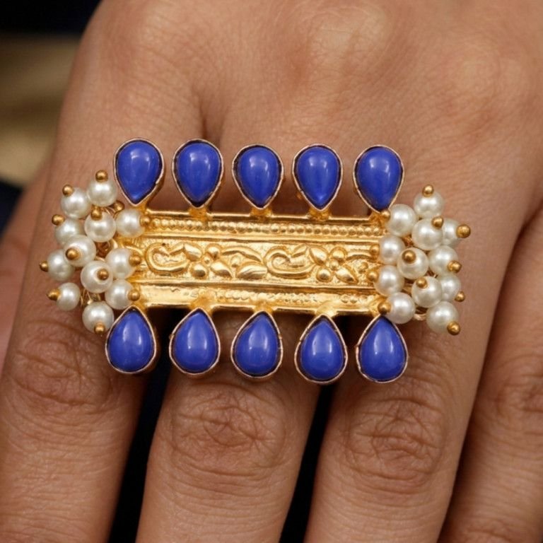 Blue Stone Pearl Gold Plated Statement Ring