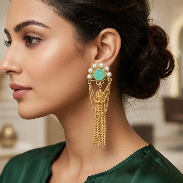 Green Stone Pearl Tassel Golden Dangler Earrings
