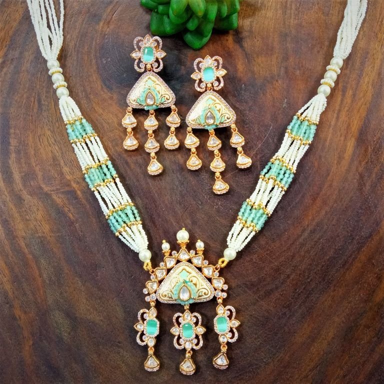 Mint Green Beads Kundan Triangle Pendant Long Set