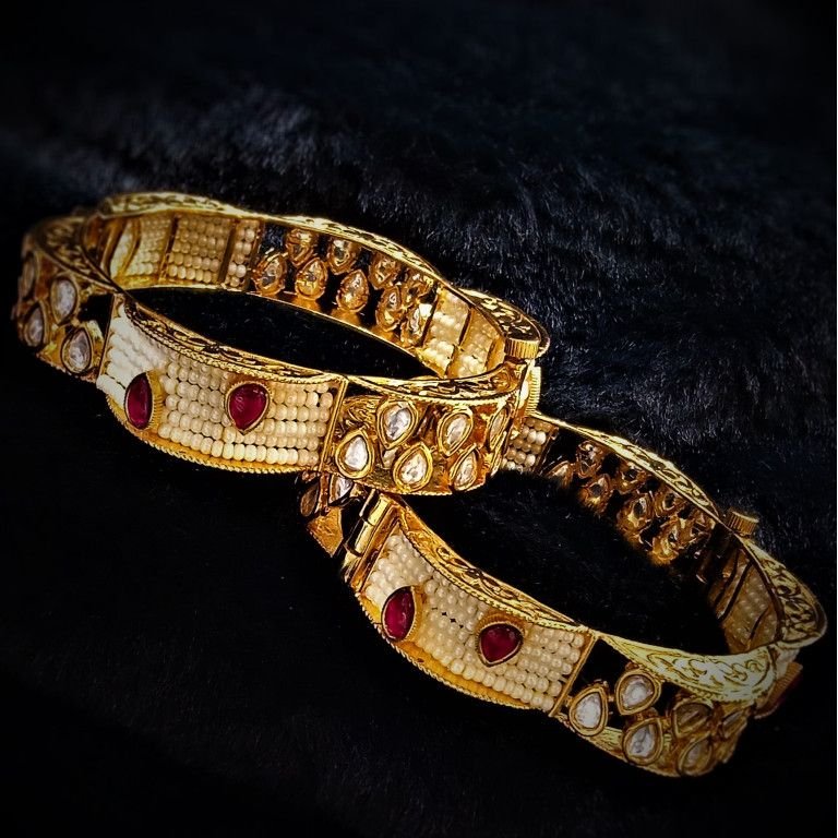 Pearl Inlay Red Stone Gold Tone Bangles