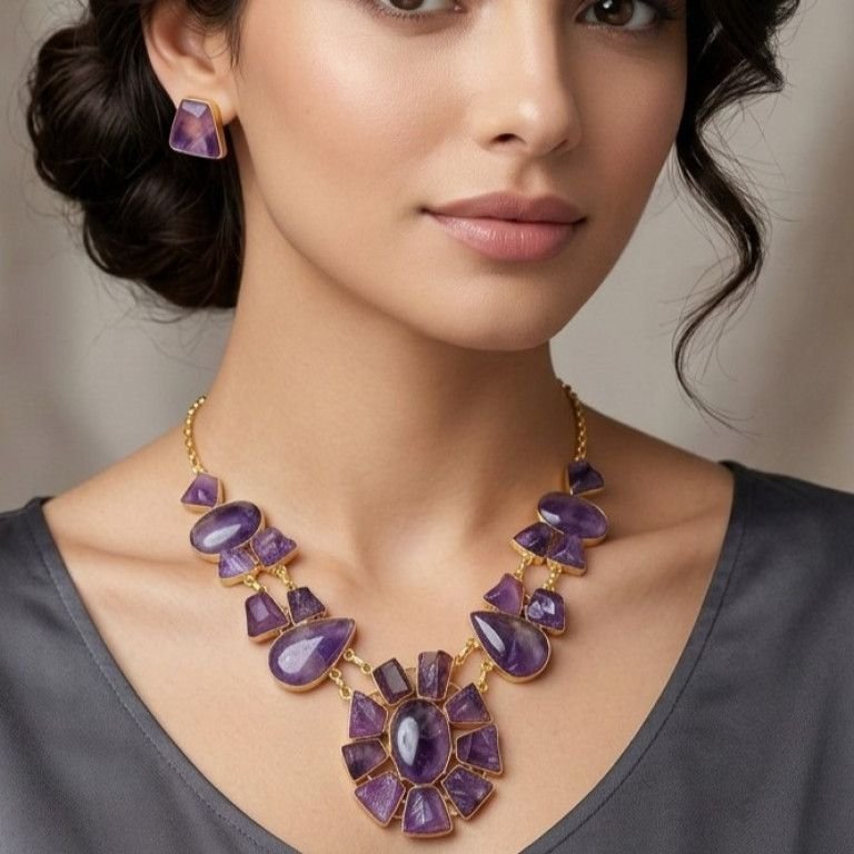 Purple Stone Designer Gold Plated Necklace Set