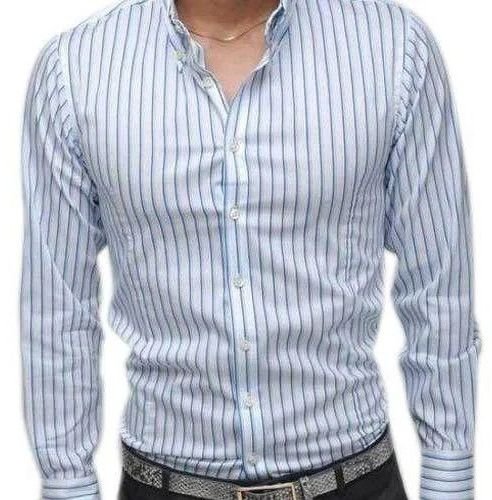Mens White and Blue Cotton Striped Shirt