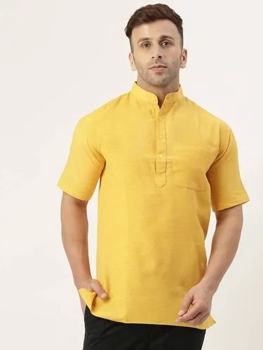 Mens Yellow Plain Cotton Short Kurta