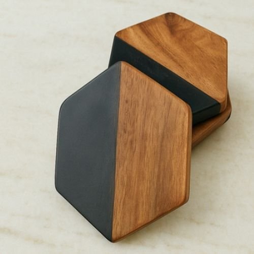 Marble Wood Hex Coaster Set