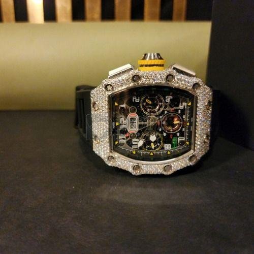 Chronograph Moissanite Diamond Watch With Black Rubber Belt