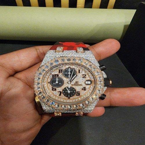 Chronograph Moissanite Diamond Watch With Red Rubber Belt