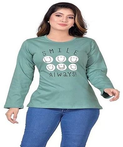 Ladies Green Full Sleeve Cotton Printed T-Shirt