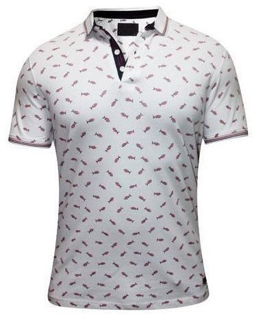 Mens White Cotton Printed Polo T-Shirt
