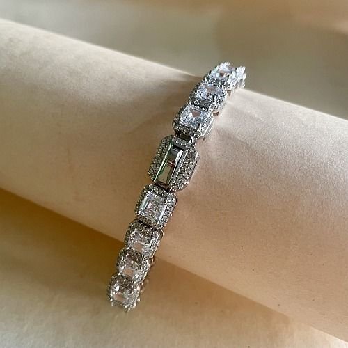 925 Italian Sterling Silver Imperial Halo Link Emerald Cut Diamond Bracelet
