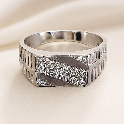 Mens Sterling Silver Ribbed Criss Cross Diamond Ring