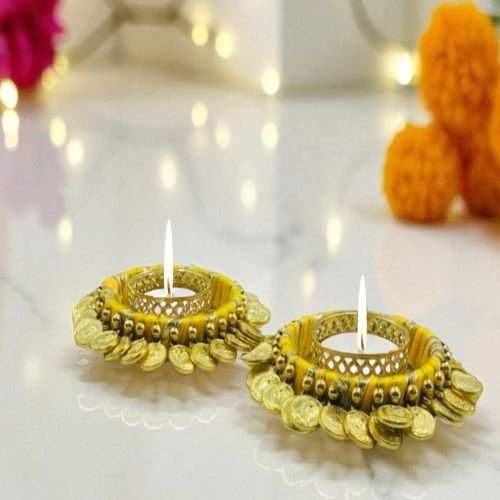 Set of 2 Piece Decorative Yellow T-Light Candle Holder