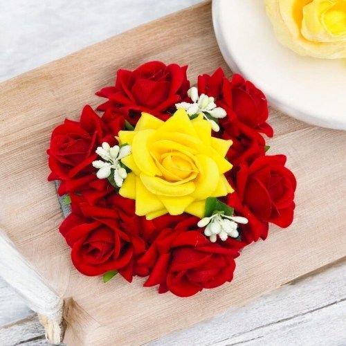 Yellow and Red Artificial Rose Flower Hair Bun