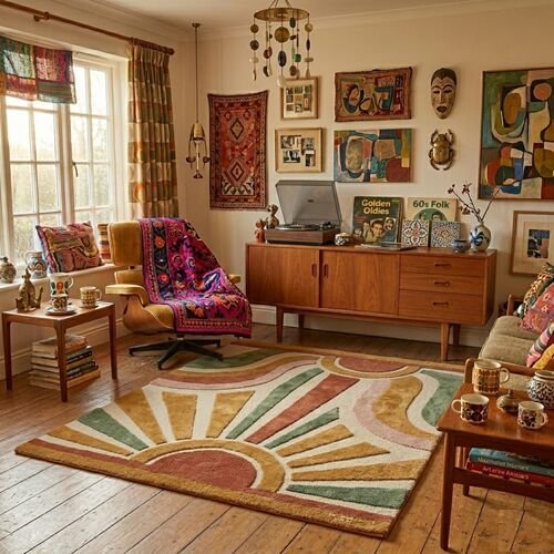 Retro Sunburst Hand Tufted Wool Living Room Rug