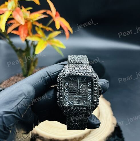Black VVS Moissanite Diamond Hip Hop Bling Wrist Watch