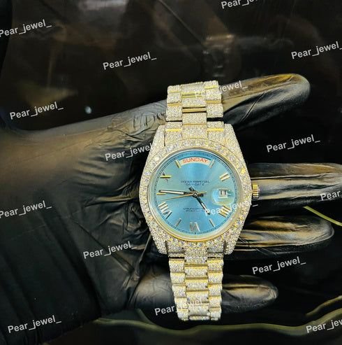 Iced Out Blue Day Date Roman Automatic Luxury Watch