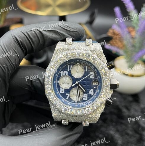 Iced Out Blue Dial Chronograph VVS Moissanite Luxury Watch